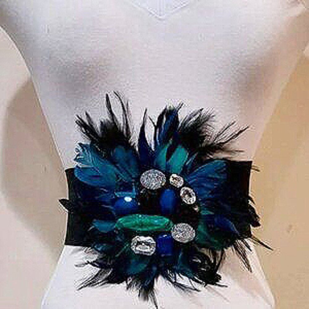 💥GLAMOROUS💥VTG 1920s Style Ostrich Feathers, Gemstones & Crystals Corset Belt